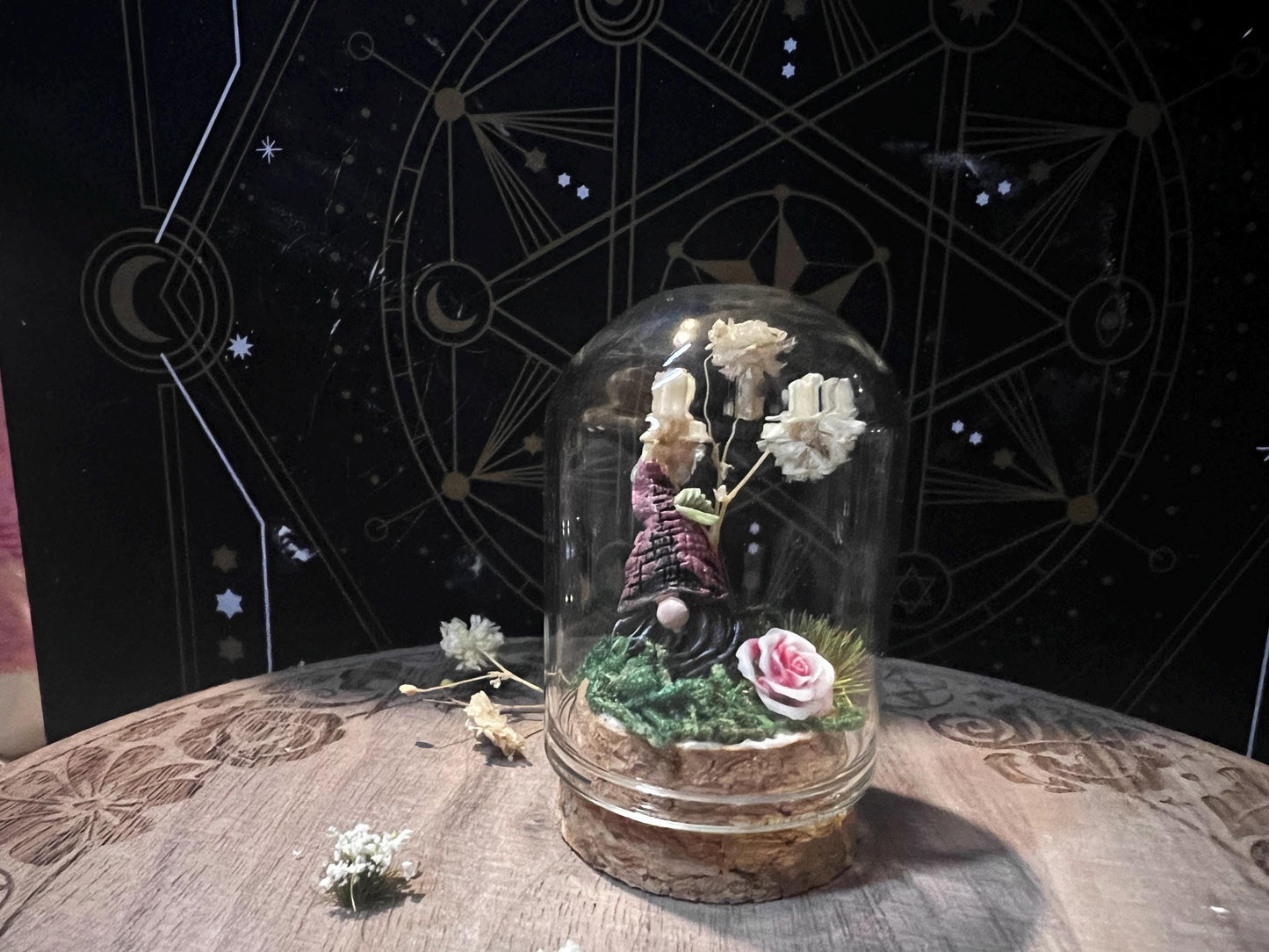 Gnome dome gonk ornament decor. Fairycore, cottagecore gnome figurine in a glass dome. Gnome gonk gift.