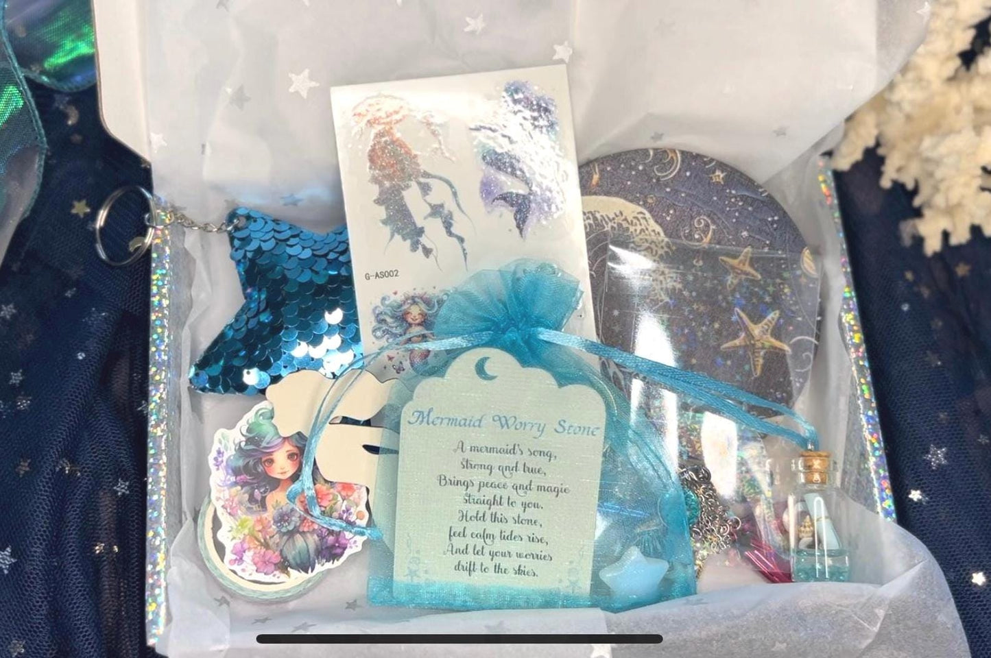 mermaid mystery box full of mermaid and ocean themed small gifts