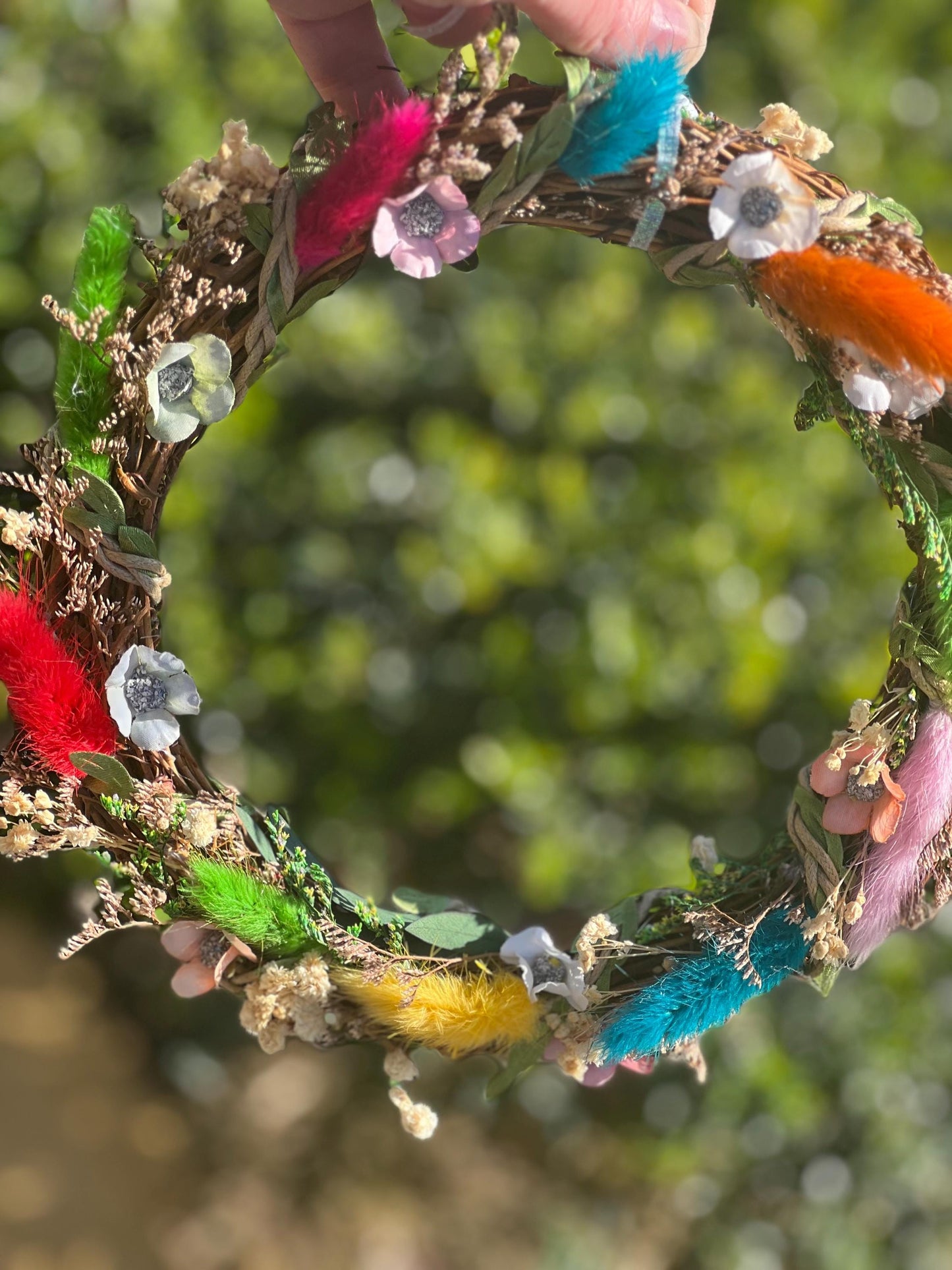 Bright Rainbow Wreath – small decorative wreath with Natural Flowers & Fairy Lights | Cottagecore Wall Hanging | Ostara Wreath