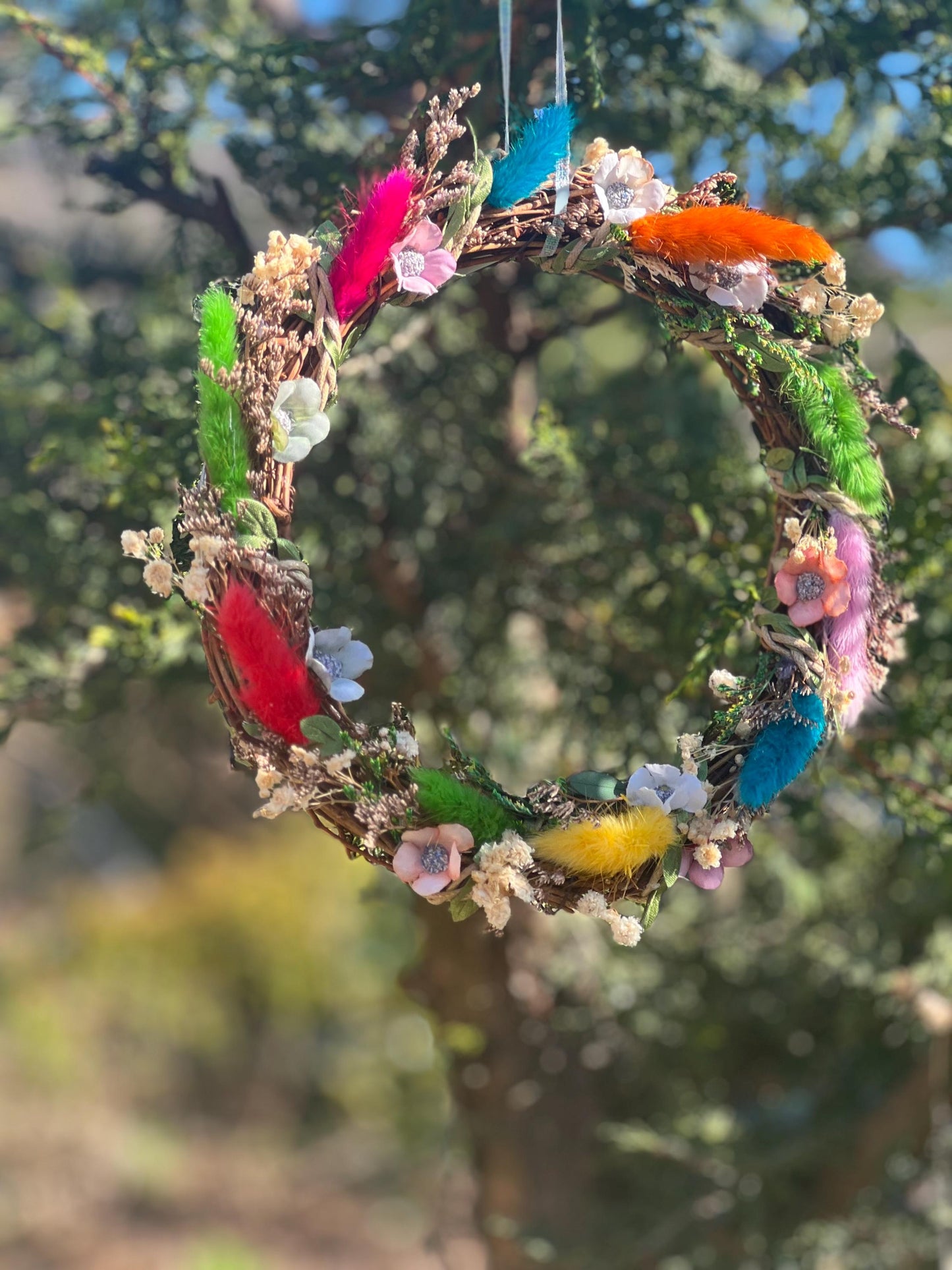 Bright Rainbow Wreath – small decorative wreath with Natural Flowers & Fairy Lights | Cottagecore Wall Hanging | Ostara Wreath