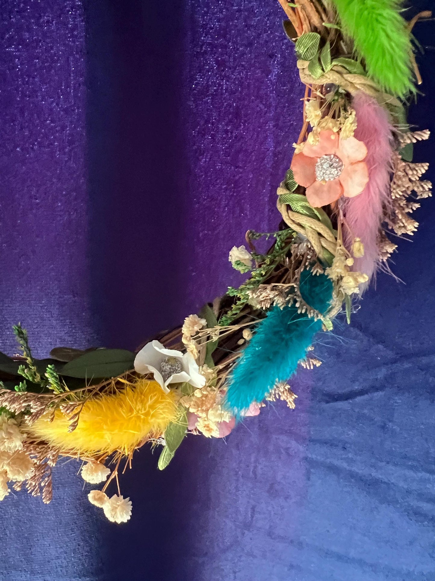 Bright Rainbow Wreath – small decorative wreath with Natural Flowers & Fairy Lights | Cottagecore Wall Hanging | Ostara Wreath