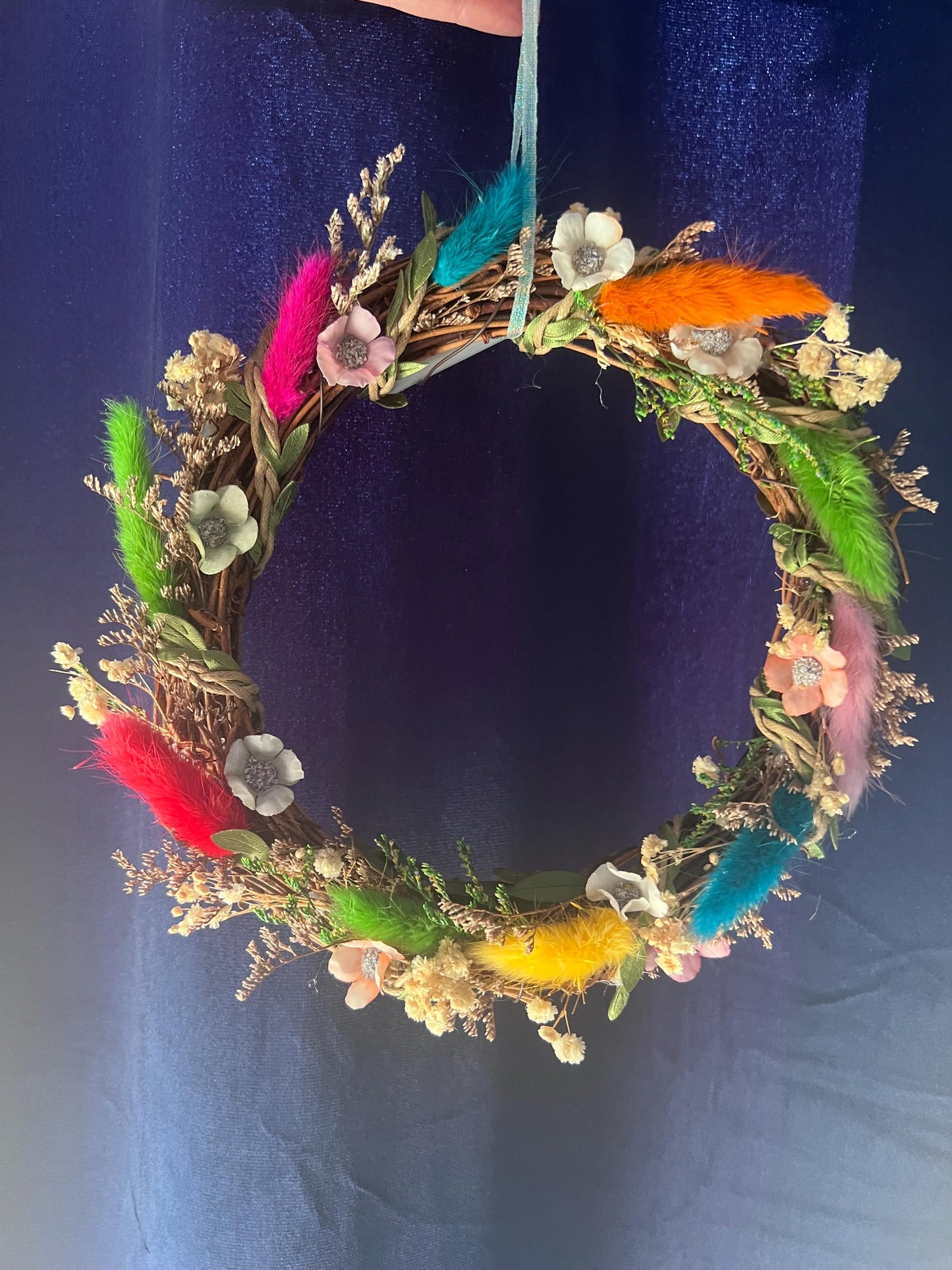 Bright Rainbow Wreath – small decorative wreath with Natural Flowers & Fairy Lights | Cottagecore Wall Hanging | Ostara Wreath