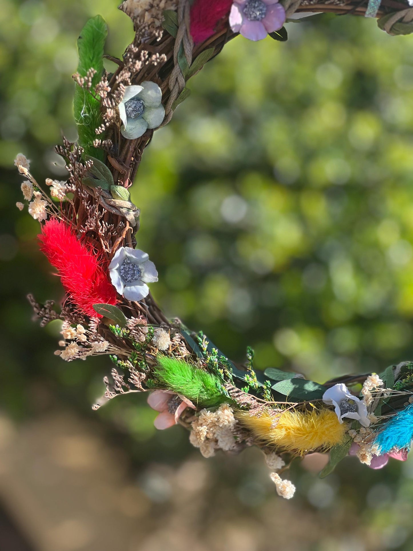 Bright Rainbow Wreath – small decorative wreath with Natural Flowers & Fairy Lights | Cottagecore Wall Hanging | Ostara Wreath