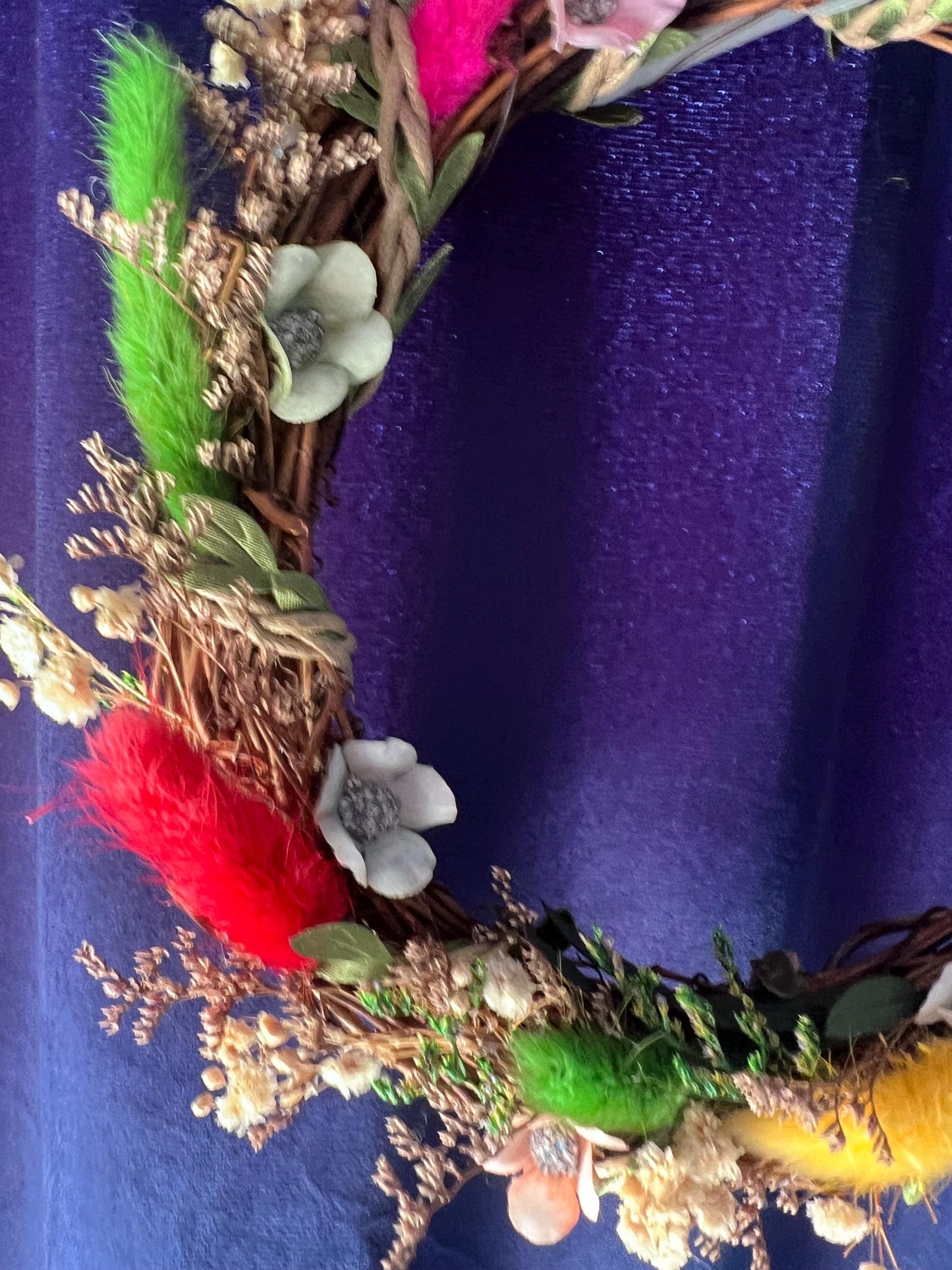 Bright Rainbow Wreath – small decorative wreath with Natural Flowers & Fairy Lights | Cottagecore Wall Hanging | Ostara Wreath