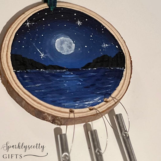 Hand painted night ocean scene. A Slice of Scotland Ornament. Handpainted gift. Available as an ornament or wind chimes. Miniature painting.