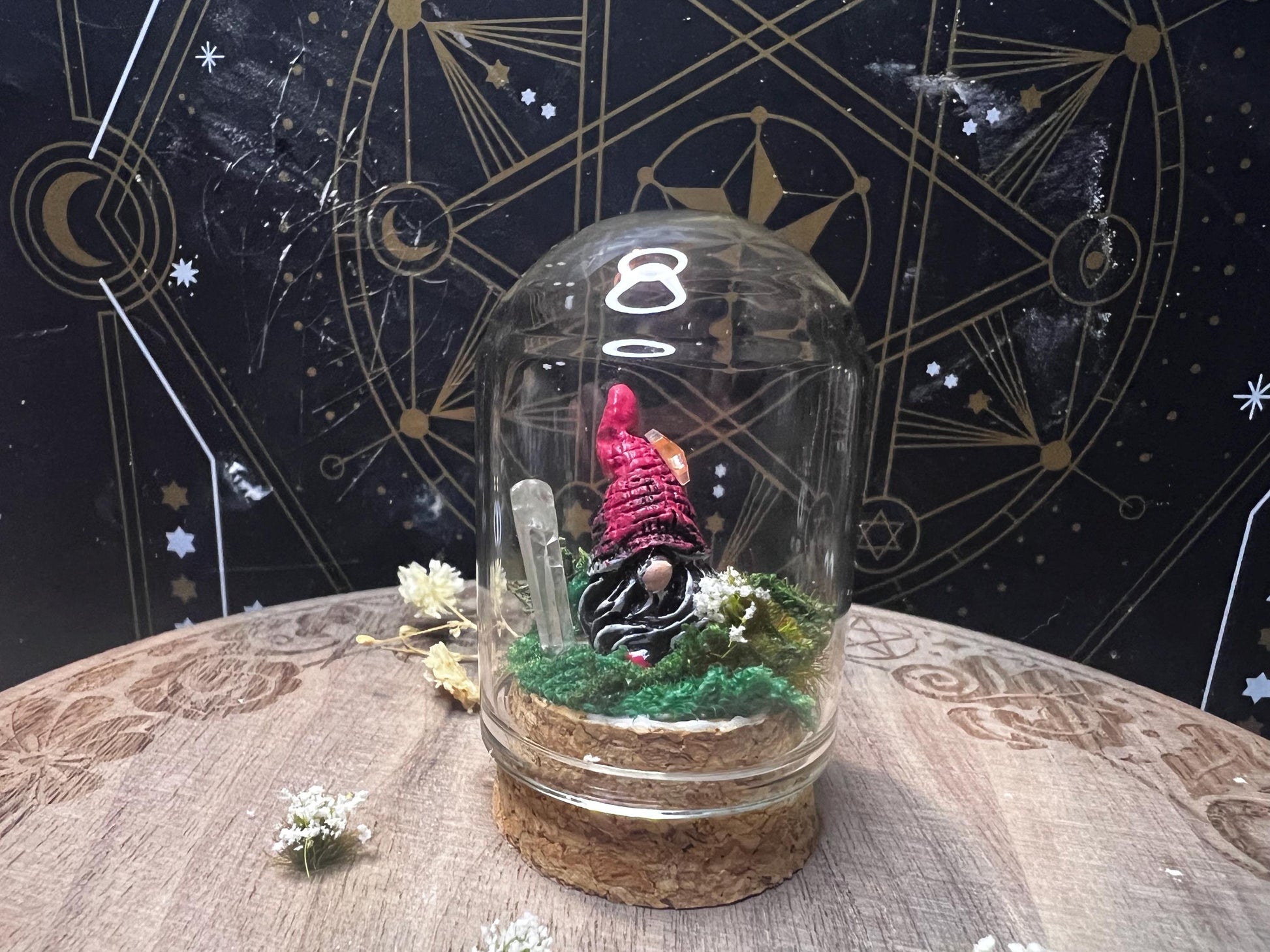Gnome dome gonk ornament decor. Fairycore, cottagecore gnome figurine in a glass dome. Gnome gonk gift.