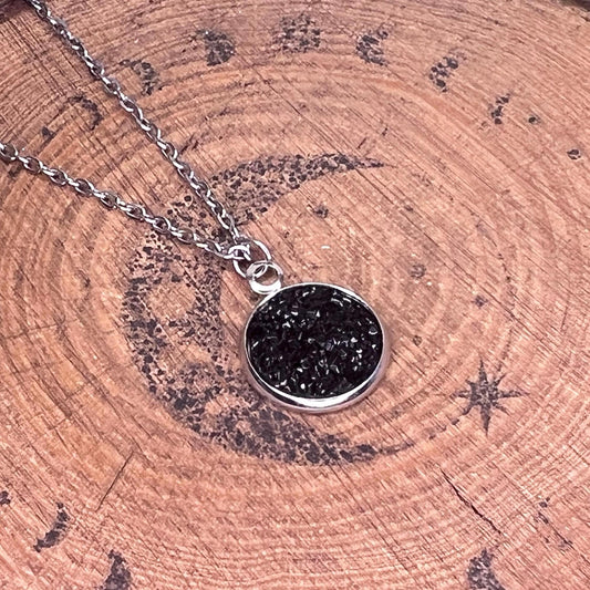 Minimalist Black Obsidian Onyx Resin Pendant Necklace – Stainless Steel Chain, Hypoallergenic Jewelry