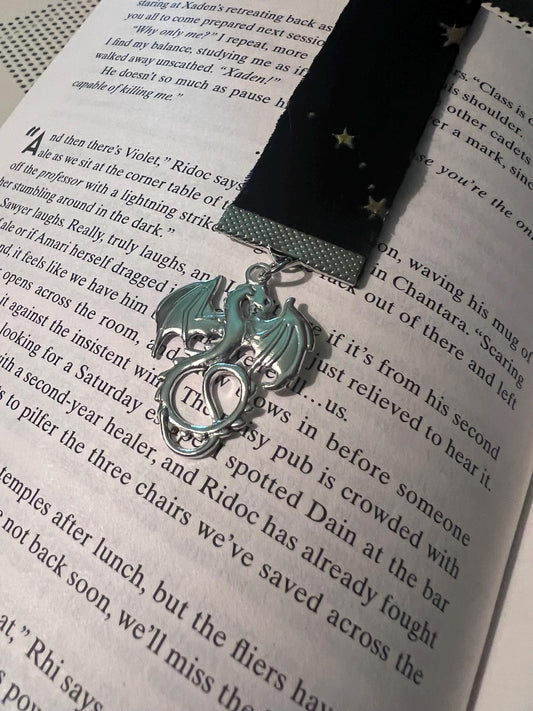 Dragon Black Velvet Fantasy Bookmark. Dragon themed velvet bookmark with charms. Fourth Wing gift