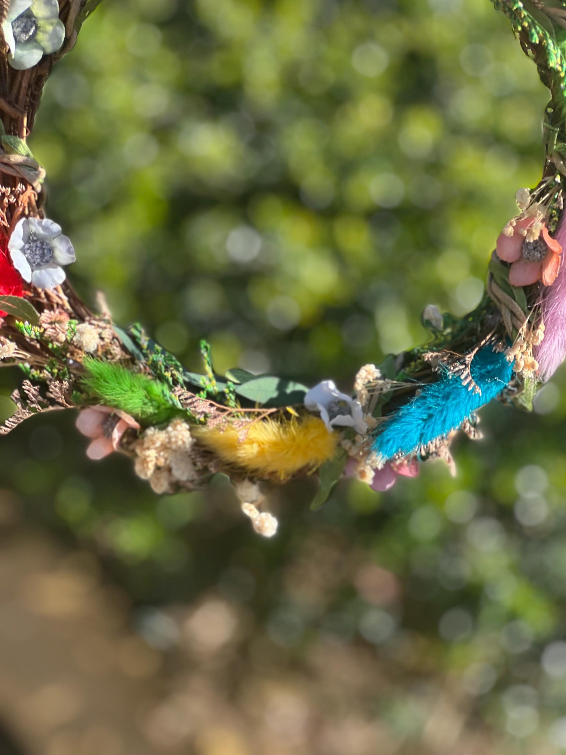 Bright Rainbow Wreath – small decorative wreath with Natural Flowers & Fairy Lights | Cottagecore Wall Hanging | Ostara Wreath