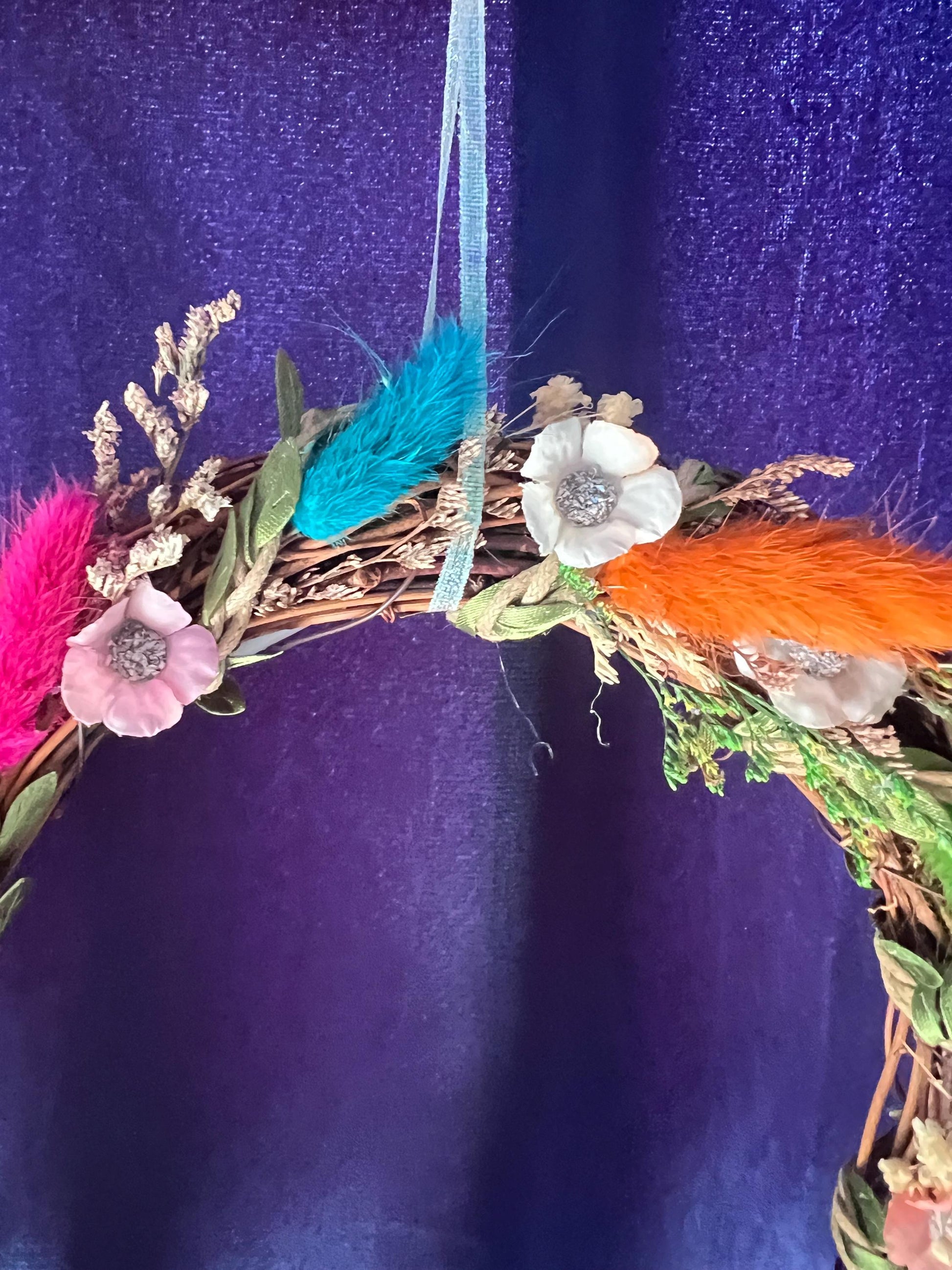 Bright Rainbow Wreath – small decorative wreath with Natural Flowers & Fairy Lights | Cottagecore Wall Hanging | Ostara Wreath