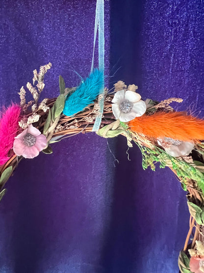 Bright Rainbow Wreath – small decorative wreath with Natural Flowers & Fairy Lights | Cottagecore Wall Hanging | Ostara Wreath