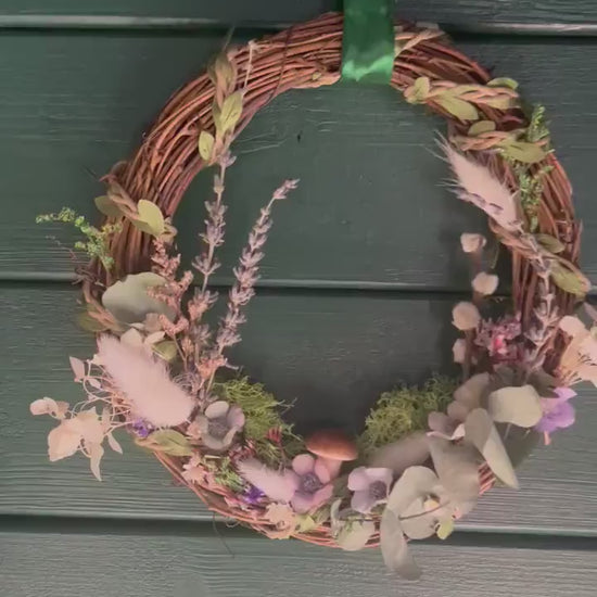 Pretty Pastel Floral Wreath with Natural Flowers & Fairy Lights | Cottagecore Wall Hanging